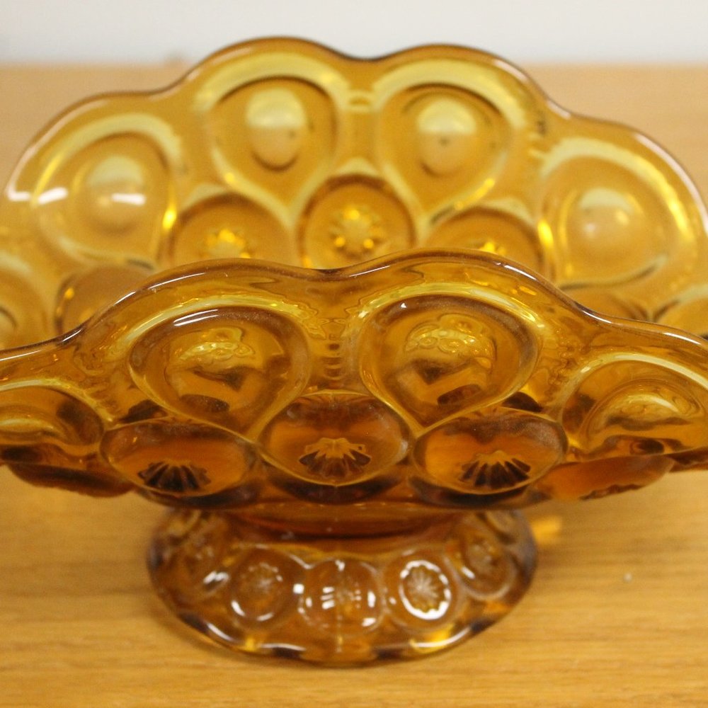 L.E. Smith Moon and Stars Footed Amber Glass Dish